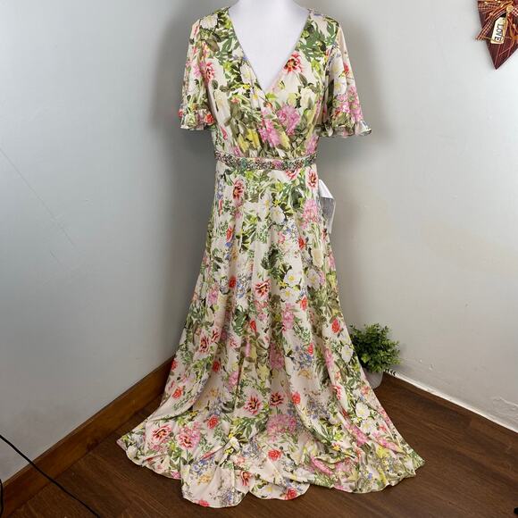 Mac Duggal Floral Print Faux Wrap Flutter Sleeve A Line Gown Floral SIze 12 9079 - Picture 7 of 14